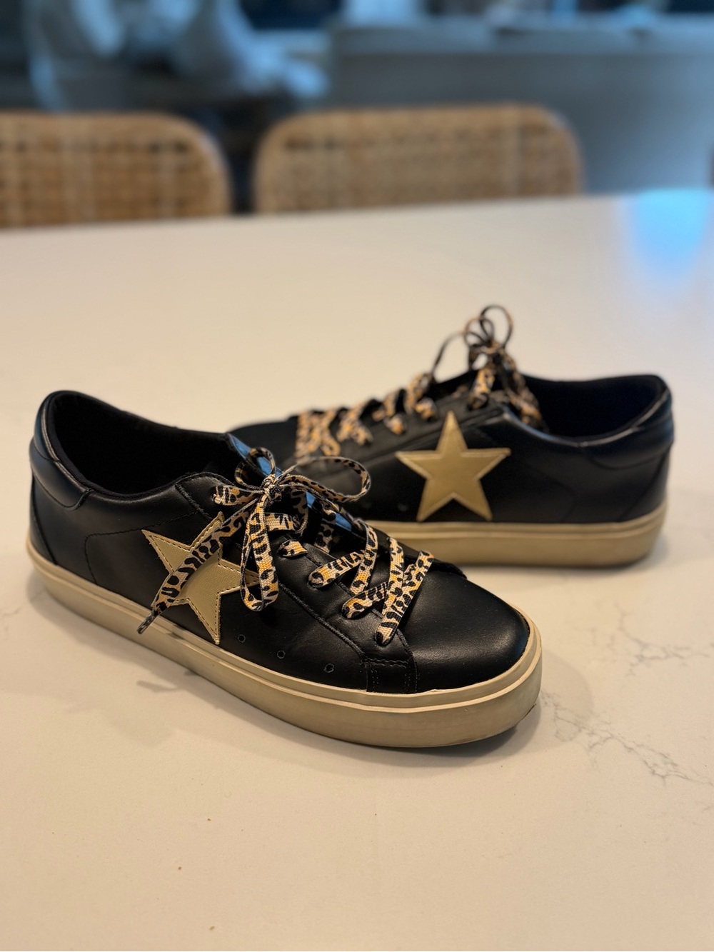 Black Leather Sneakers with Gold Star Accent